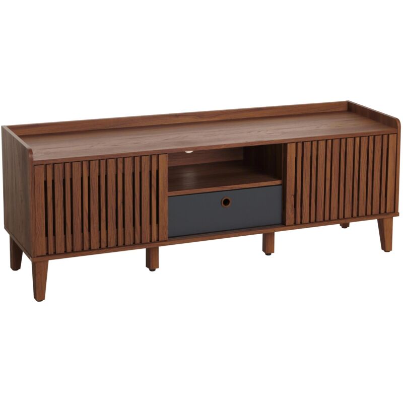 foto del prodotto hhg porta tv 421, mobile basso, anta scorrevole legno massiccio mango 56x150x40cm, color noce, cassetto grigio scuro