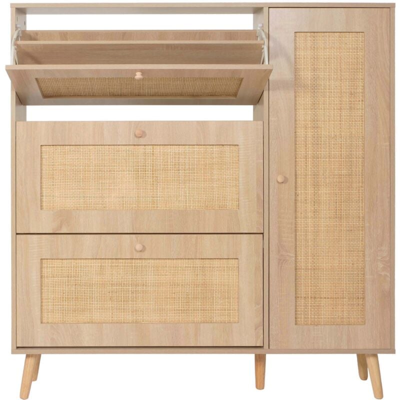 foto del prodotto hhg scarpiera in rattan 214, 3 scomparti ribaltabili 2 ripiani 127x120x24cm legno melaminico effetto rovere