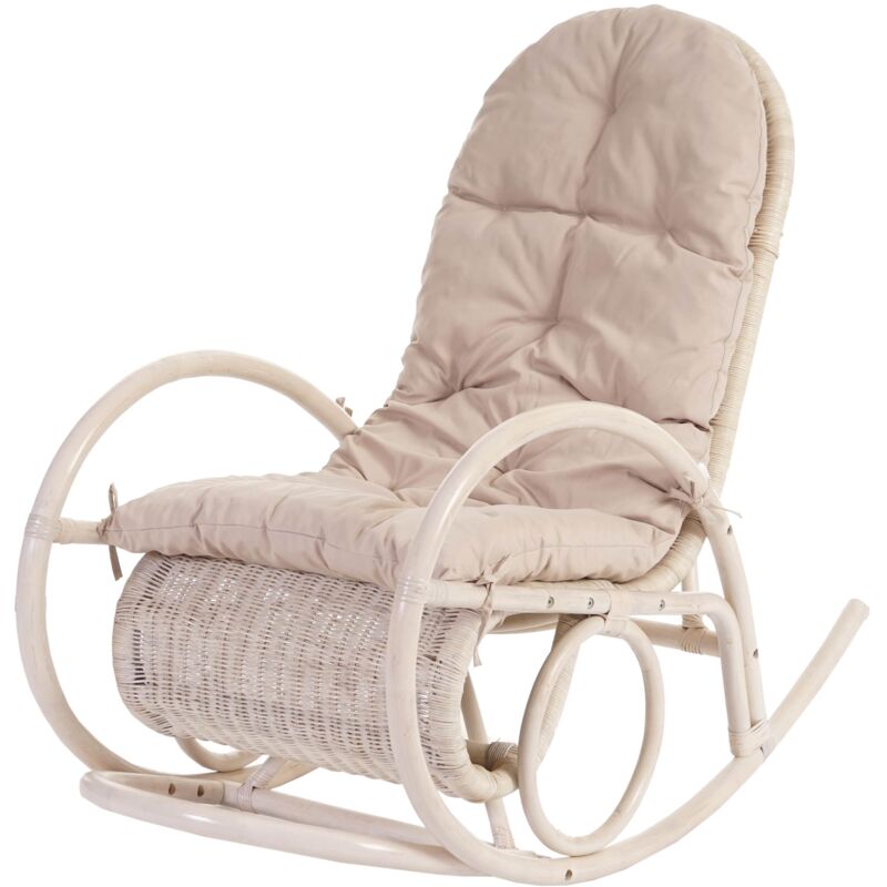 foto del prodotto hhg sedia a dondolo elegante classica esmeraldas legno rattan 115x58x101cm cuscino avorio