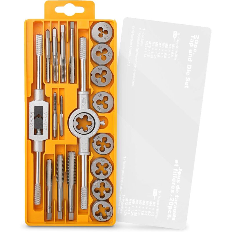 foto del prodotto hi spec 20pz set di maschi e filiere metrici m3 m12 gcr15 acciaio legato kit di maschiatura e filettatura di metalli, riparazione di filettature
