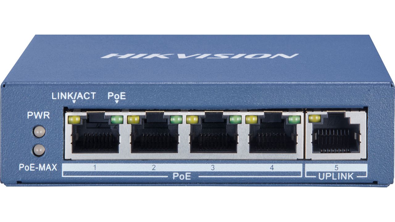 foto del prodotto hikvision hub switch 5 porte con 4 porte poe 10 100 1000 ds 3e0505p e m
