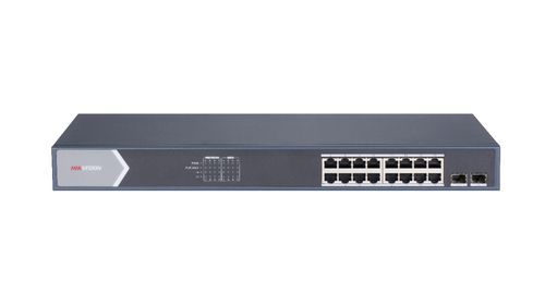 foto del prodotto hikvision switch 16 port gigabit smart poe switch 16 gigabit poe ports, 2 gigabit sfp ports, 802.3a