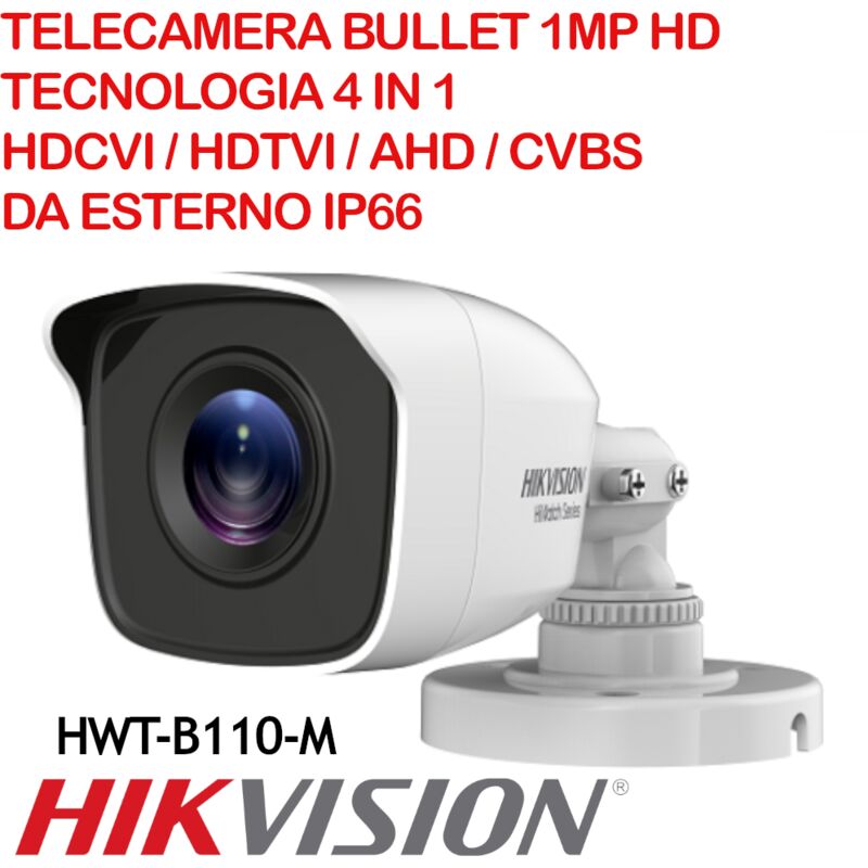 foto del prodotto hikvision telecamera bullet hiwatch hwt b110 m 1.0 megapixel hd, 4 in 1 hdcvi hdtvi ahd cvbs, ottica fissa 2.8mm, ip66