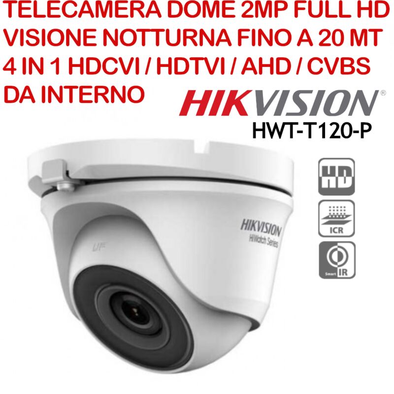 foto del prodotto hikvision telecamera dome hiwatch hwt t120 p 2.0 megapixel full hd, 4 in 1 hdcvi hdtvi ahd cvbs da interno