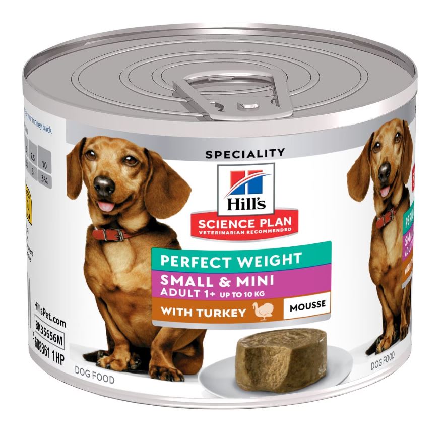foto del prodotto hill's canine adult small&amp;mini perfect weight mousse tacchino lattina 200 gr