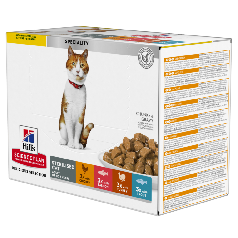 foto del prodotto hill s science plan adult sterilised pacco misto umido per gatti mix 12 x 85 g pollo, salmone, tacchino, trota