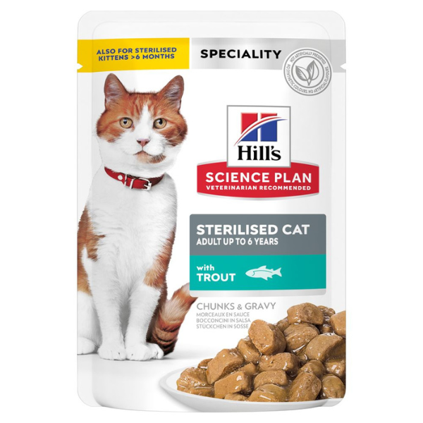 foto del prodotto hill s science plan adult up to 6 years sterilised cat 85 gr con trota cibo umido per gatti 1 ordine scegli lo sconto bzr5 bzr20 200 punti fedelt 
