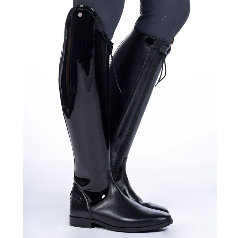 foto del prodotto hkm sport equipment stivali in cuoio laccato per equitazione modello lynette altezza standard polpaccio extra largo 36, nero 9100