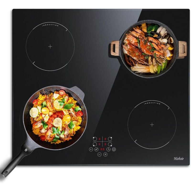 foto del prodotto hobsir piano cottura a induzione, 4 fuochi, l59 x p52 cm, 9 livelli di potenza, 6400 w, a incasso, nessuna spina inclusa, controllo touch, funzione