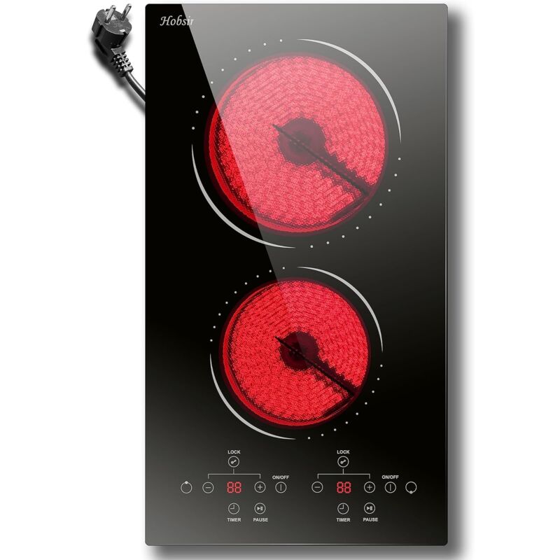 foto del prodotto hobsir piano cottura vetroceramica con spina, 30 cm, 3000 w, controllo touch, doppia zona, 9 livelli di riscaldamento, blocco di sicurezza, timer,