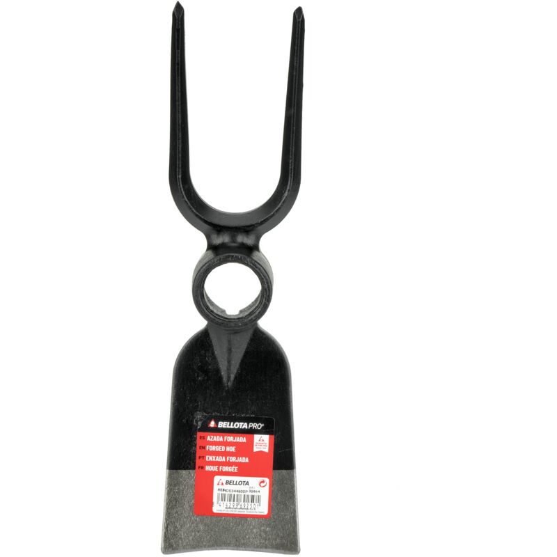 foto del prodotto hoe344600p zappa forgiata doppio uso, forcella con dente a forma di diamante e zappa, con sistema anti rotazione. bellota