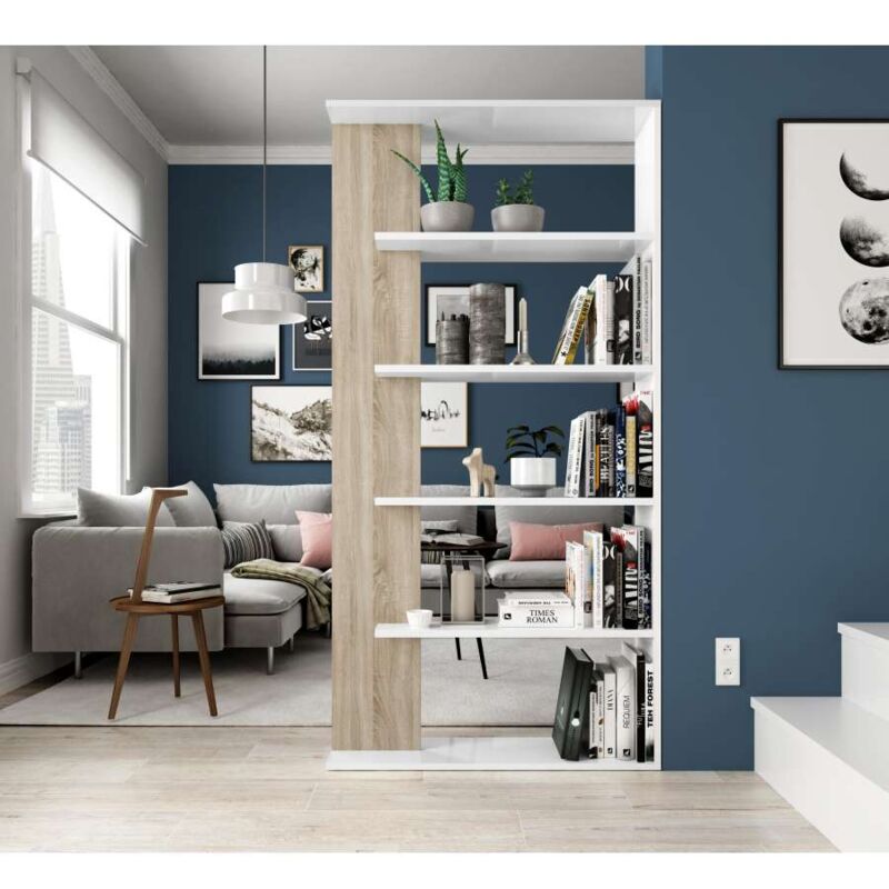 foto del prodotto hogar24 - fores libreria alida 5 ripiani bianco artik e rovere canadian 180x90x25 cm