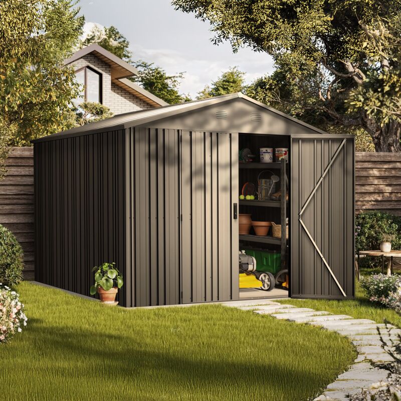 foto del prodotto hoggar casetta da giardino in metallo pioneer y90 struttura autoportante doppia porta rinforzata chiusura con chiave inclusa montanti a v