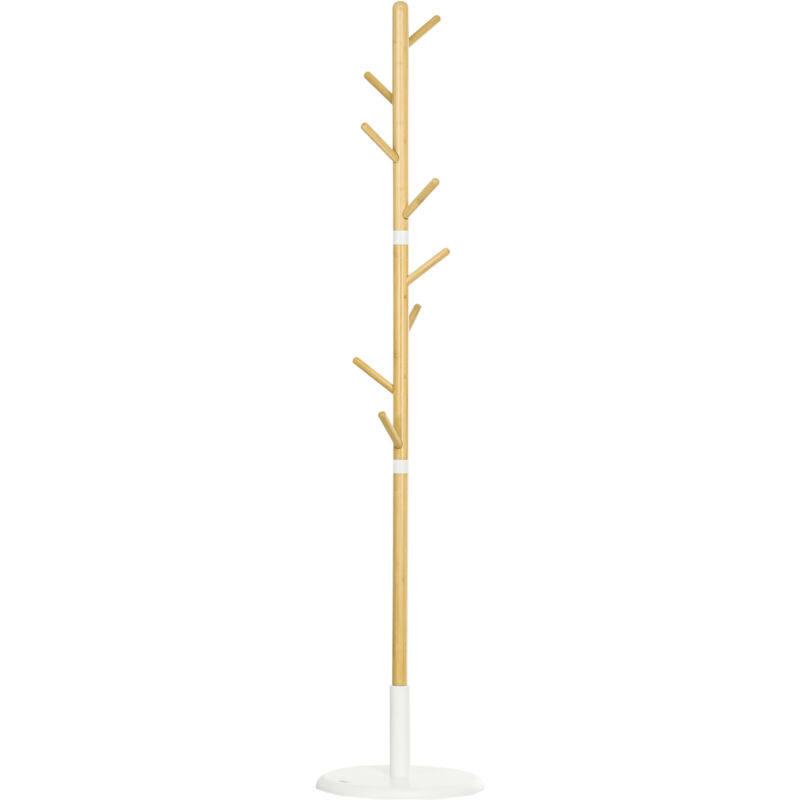 foto del prodotto homcom albero appendiabiti a 8 ganci con base rotonda in bambù, legno e metallo, 37.8x175.6 cm, color legno e metallo