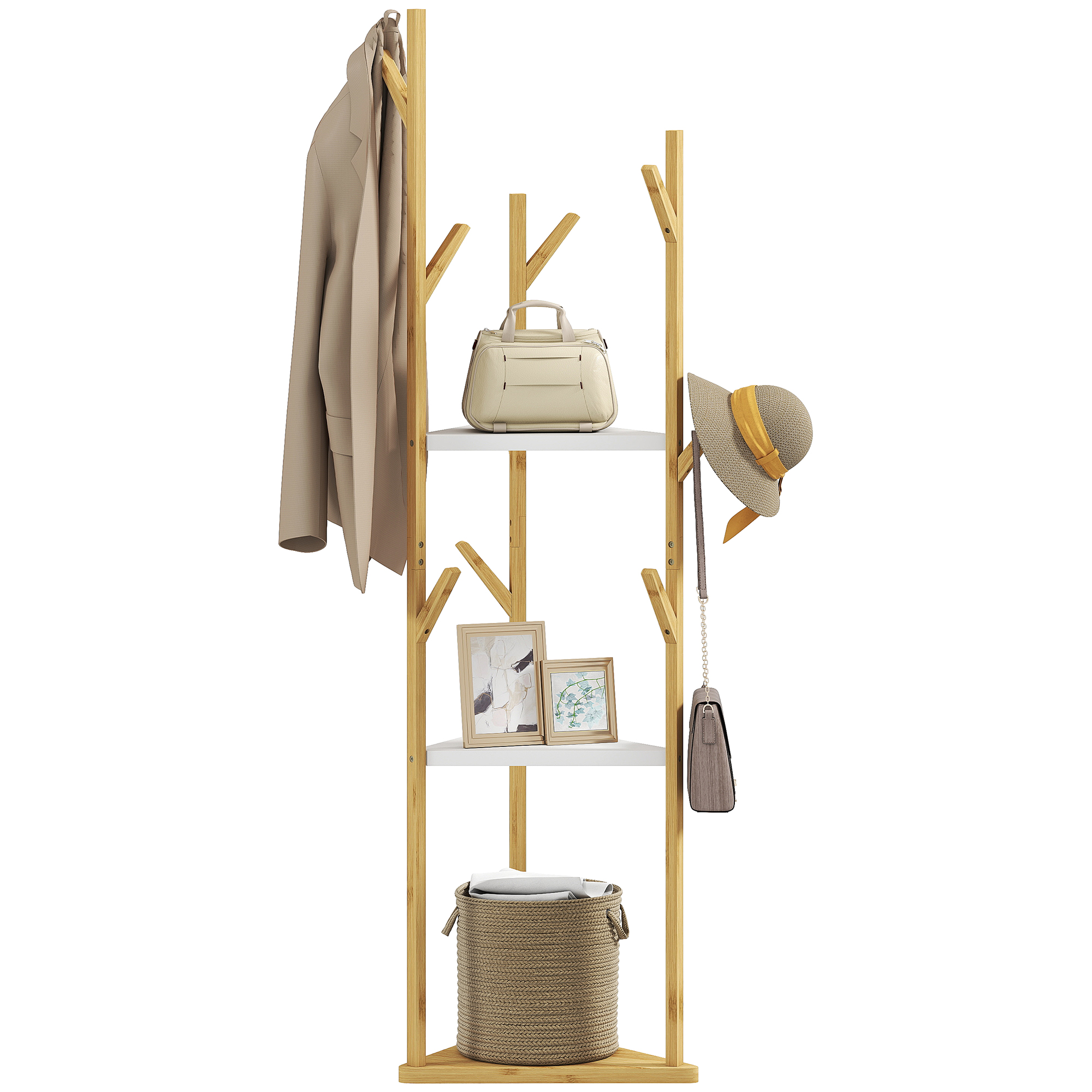foto del prodotto homcom albero appendiabiti da terra in bambù con 8 ganci e 3 ripiani, legno naturale e bianco