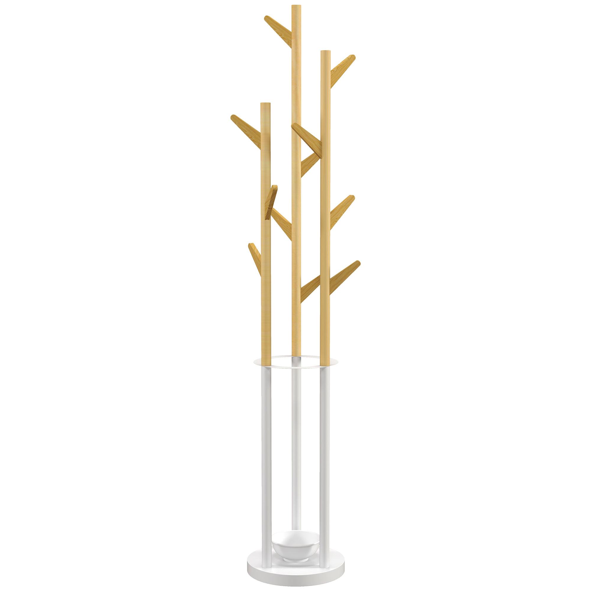 foto del prodotto homcom appendiabiti da terra di design con portaombrelli e 13 ganci, metallo e bambù, 30.5x30.5x174.5cm, legno e bianco aosom