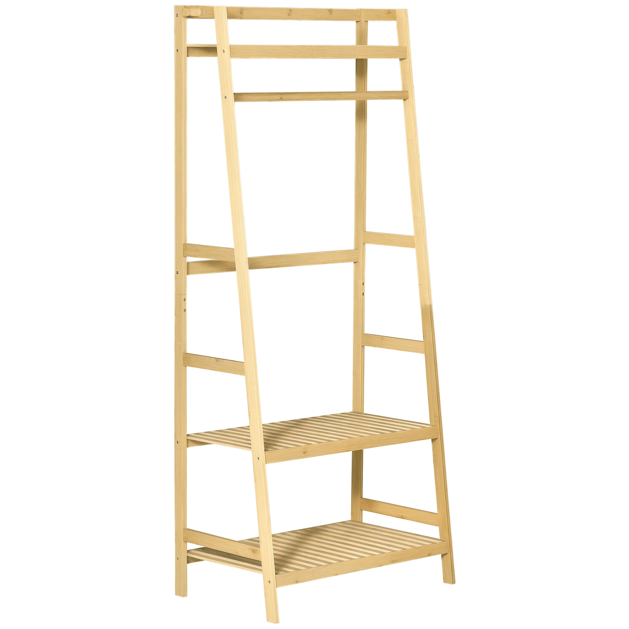 foto del prodotto homcom appendiabiti da terra in legno di bambù, design elegante con ripiani, perfetto per ingresso e camera, 70x42x164cm - legno aosom