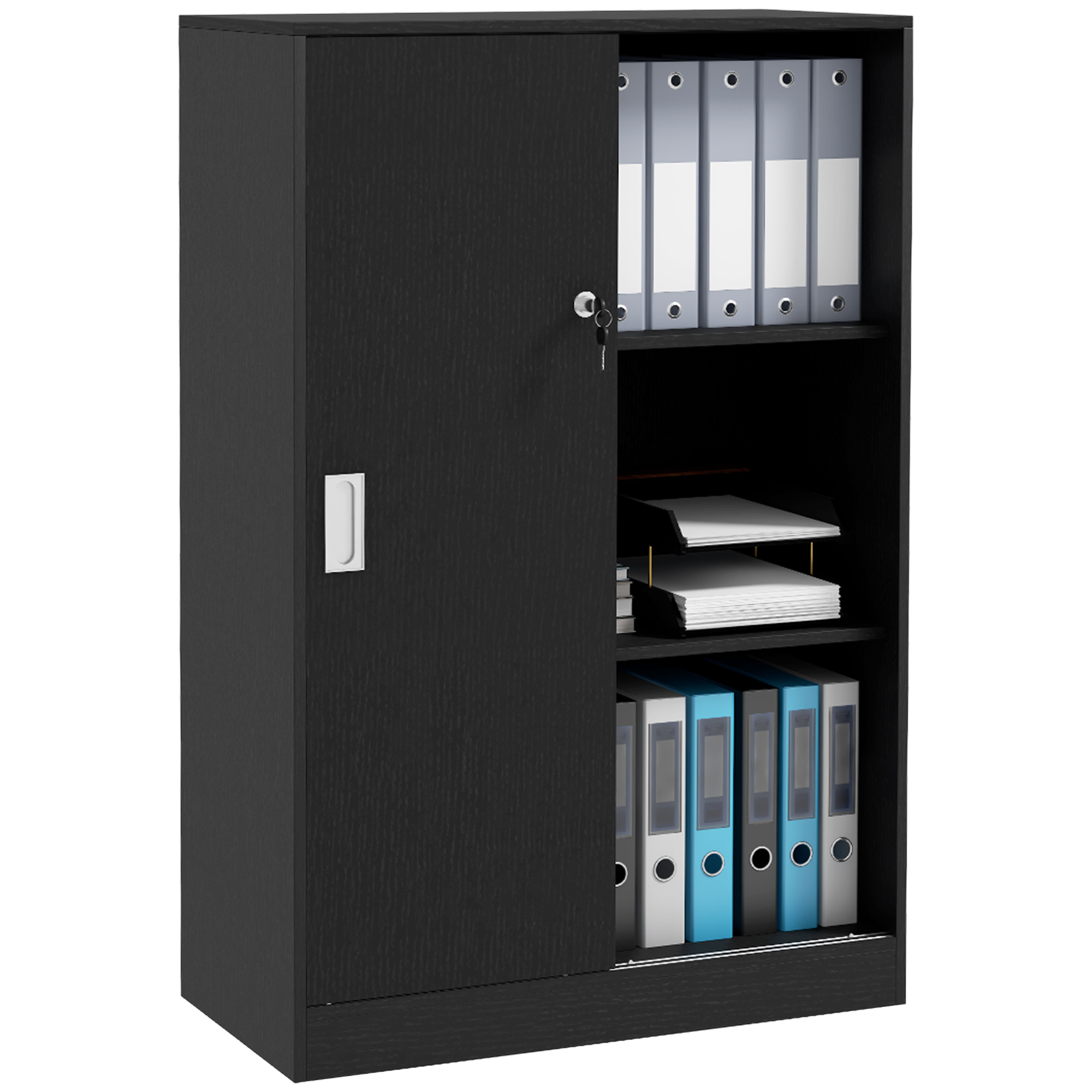 foto del prodotto homcom armadietto da ufficio a 3 ripiani con 2 chiavi di sicurezza e ante scorrevoli, 80x40x120 cm, nero
