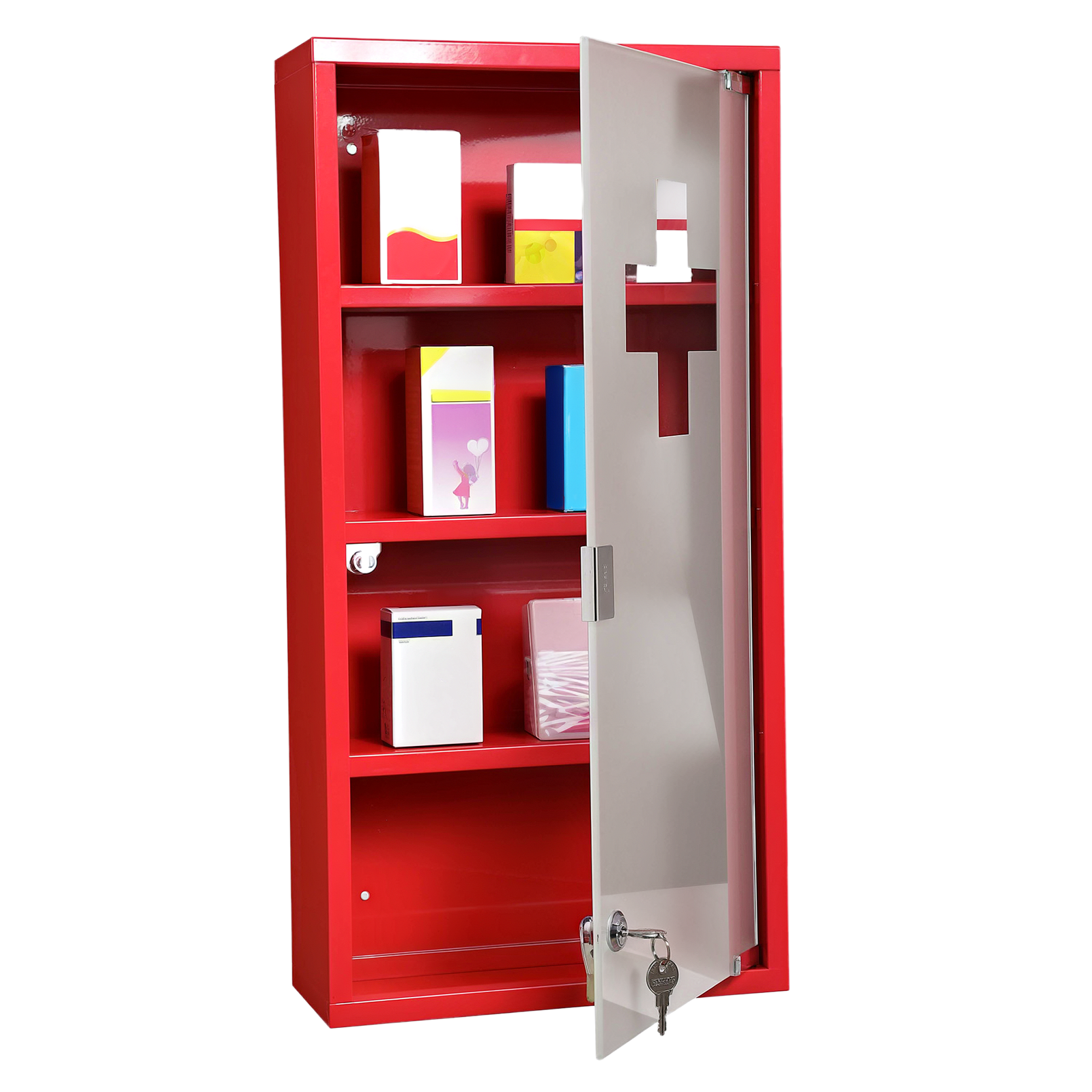 foto del prodotto homcom armadietto medicinali 4 livelli porta in vetro, incluse 2 chiavi, 60 30 12cm rosso aosom italy