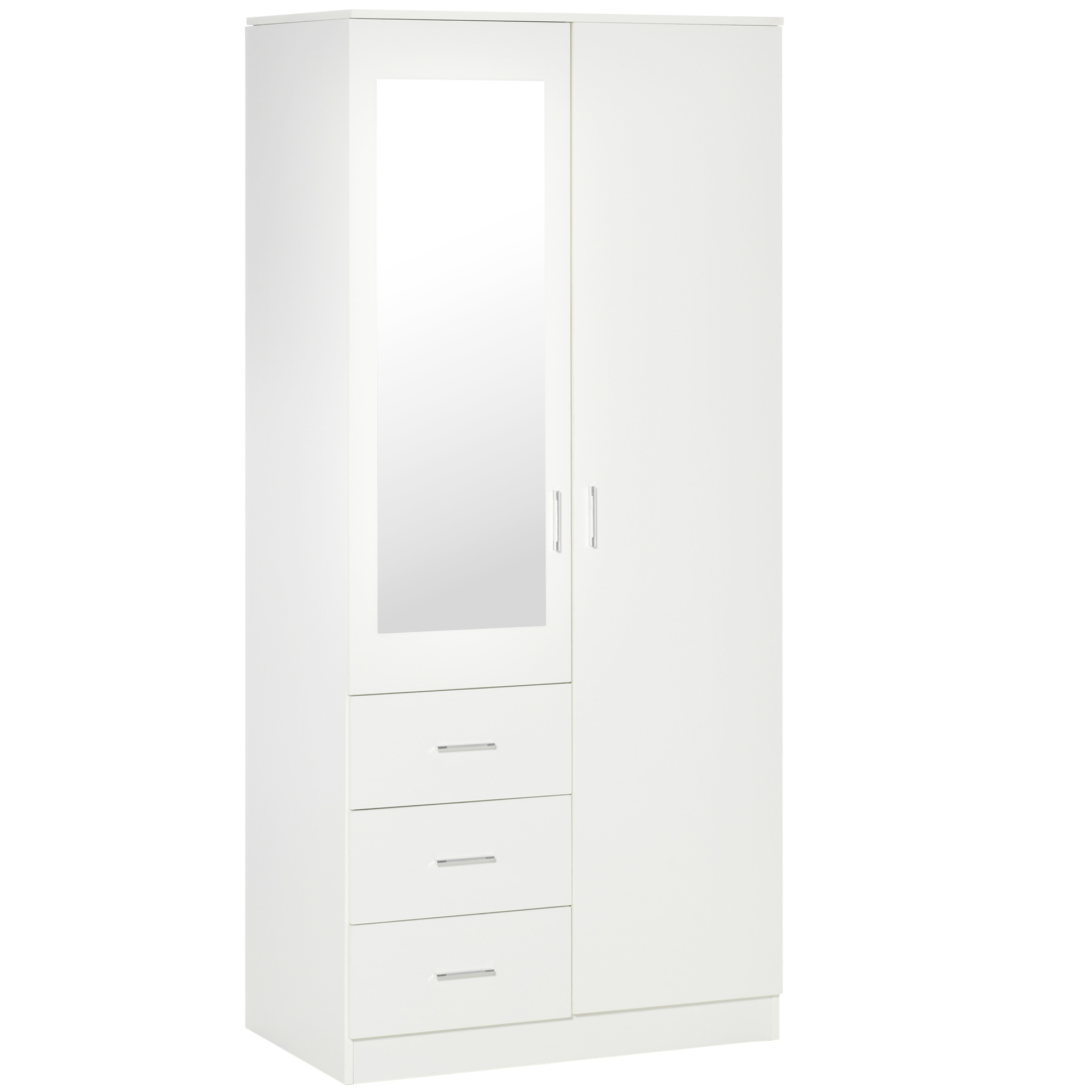 foto del prodotto homcom armadio moderno guardaroba 2 ante con specchio e 3 cassetti, mensole regolabili e barra appendiabiti, 80x50x180cm, bianco aosom
