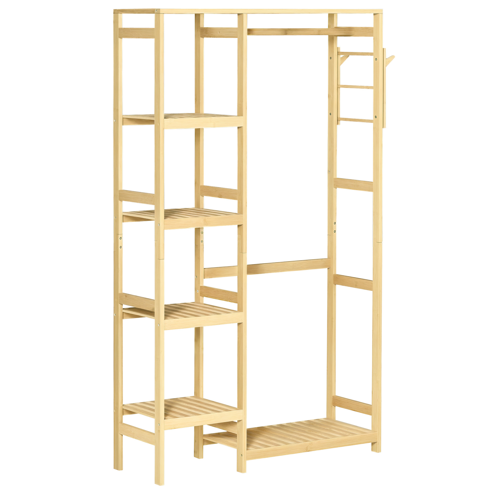 foto del prodotto homcom attaccapanni da terra in legno di bambù 155cm con mensole, barra e 2 ganci laterali per ingresso, soggiorno, camera, bagno, color legno aosom