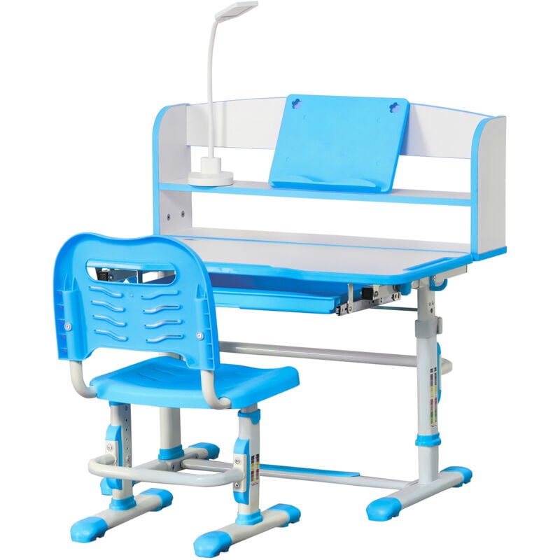 foto del prodotto homcom banco per bambini 6 12 anni con luce led, leggio e portapenne azzurro