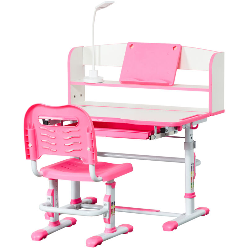 foto del prodotto homcom banco per bambini 6 12 anni con luce led, leggio e portapenne rosa