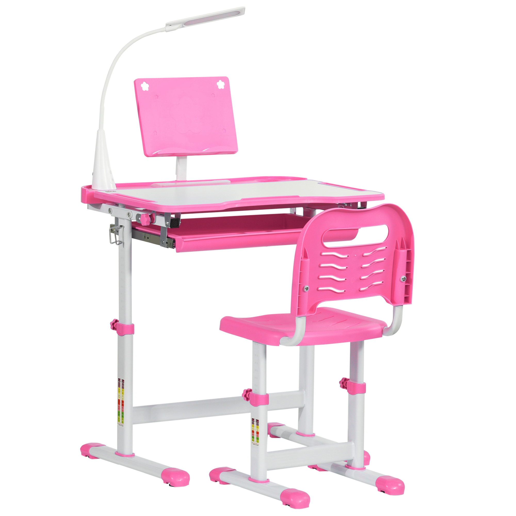 foto del prodotto homcom banco scuola con sedia per bambini 6-12 anni con altezza regolabile, piano inclinabile a 45 e lampada led, in acciaio e mdf, rosa aosom