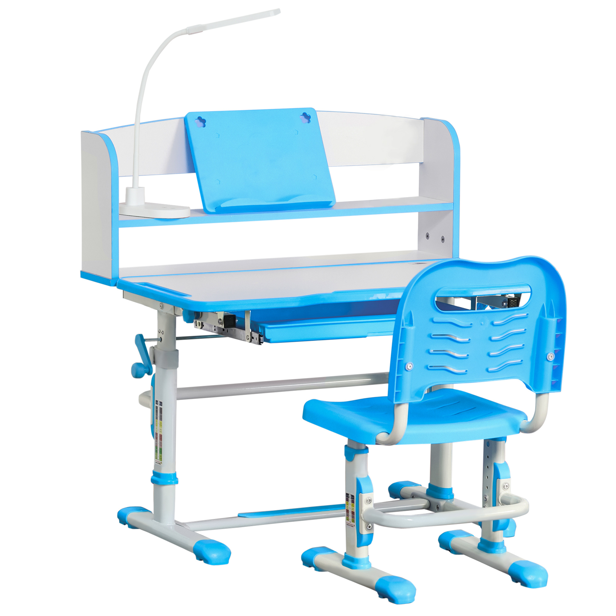 foto del prodotto homcom banco scuola per bambini 6-12 anni regolabile con luce led, leggio e portapenne, in mdf, pp e acciaio, azzurro