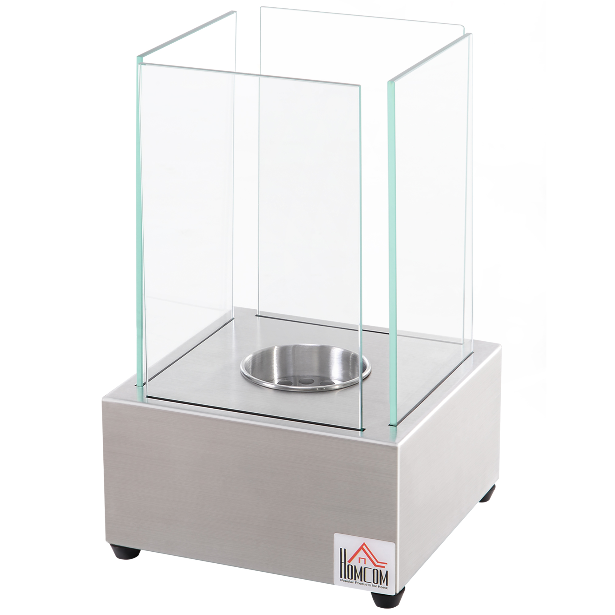 foto del prodotto homcom camino a bioetanolo da tavolo con bruciatore da 0.4l, biocamino in acciaio e vetro per interni ed esterni, 20x20x33cm, argento aosom