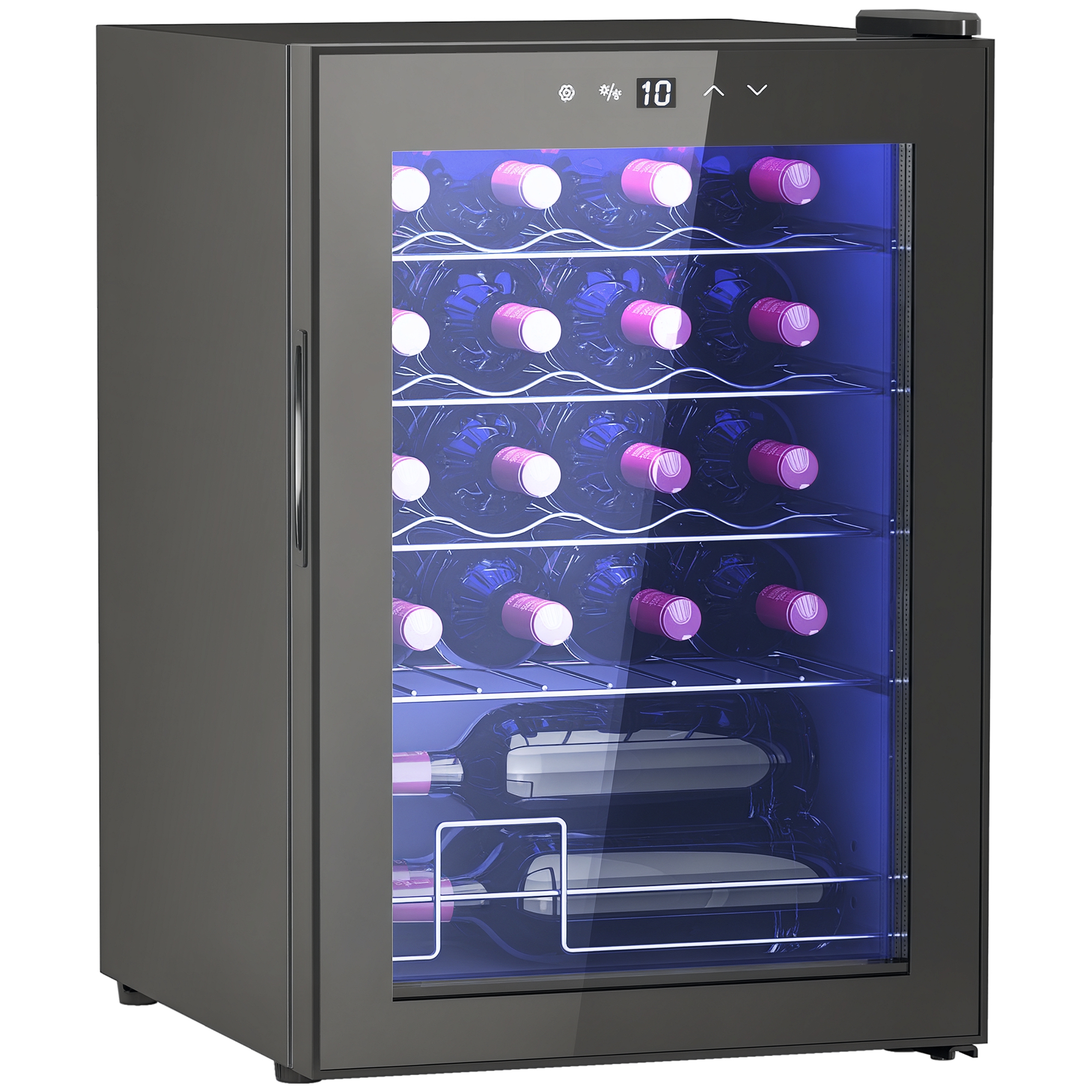 foto del prodotto homcom cantinetta vino refrigerata per 20 bottiglie, capacità 53l, porta in vetro anti-uv e ripiani regolabili, nero