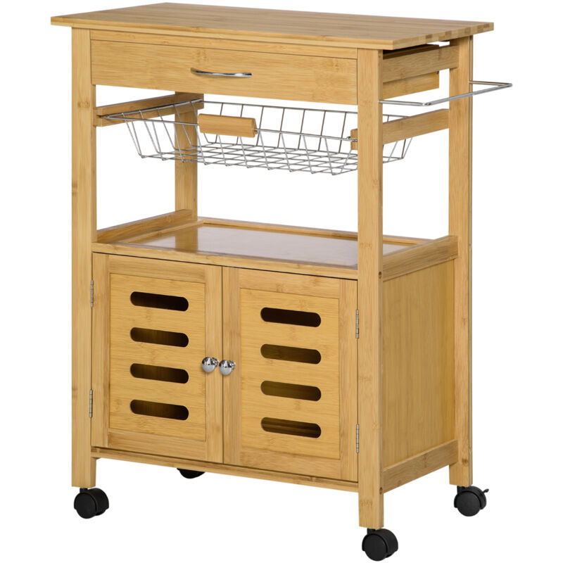 foto del prodotto homcom carrellino per cucina in legno con armadietto cassetto cestino estraibile