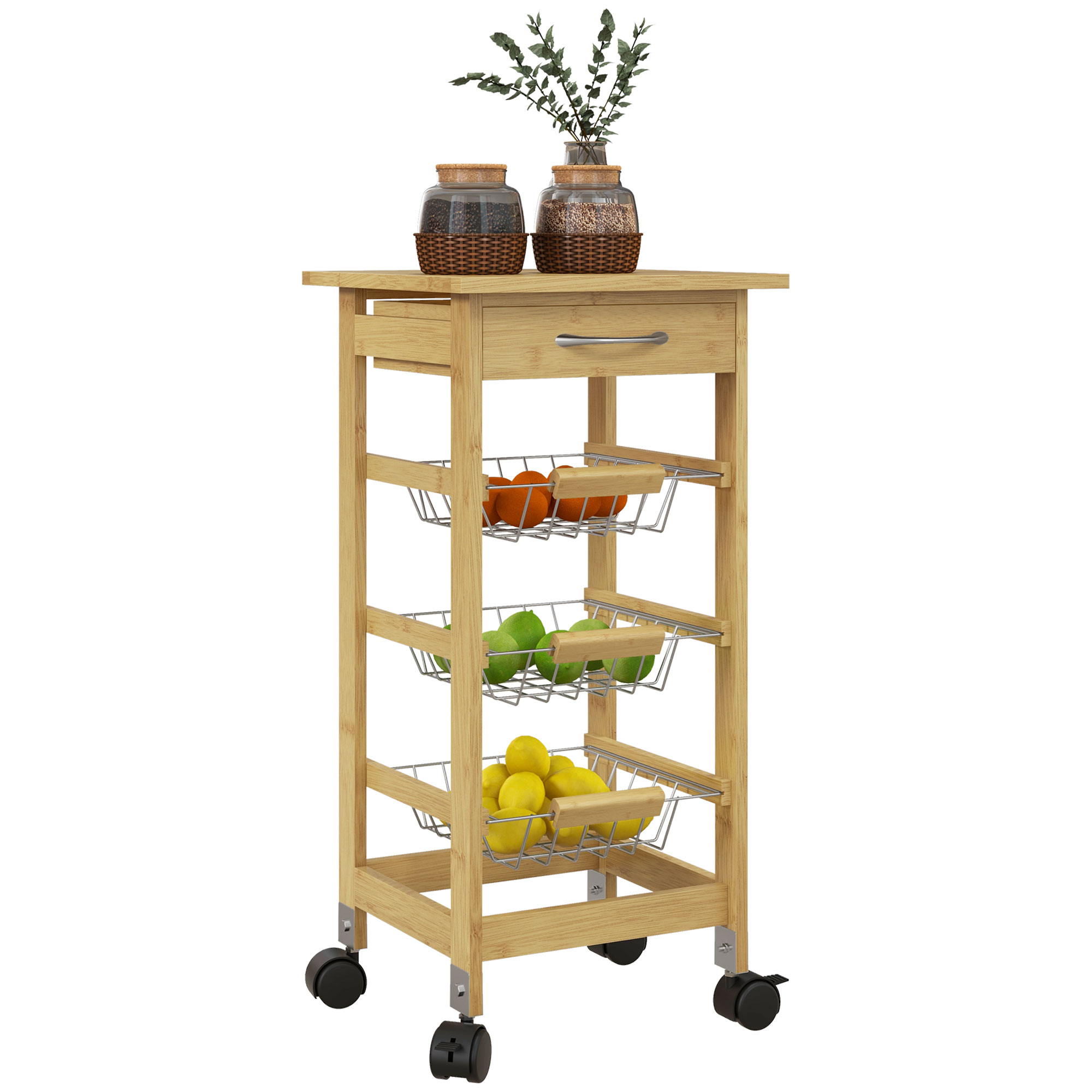 foto del prodotto homcom carrello cucina con ruote, cassetto e 3 cestini a rete metallica, 37x37x76cm, colore legno aosom