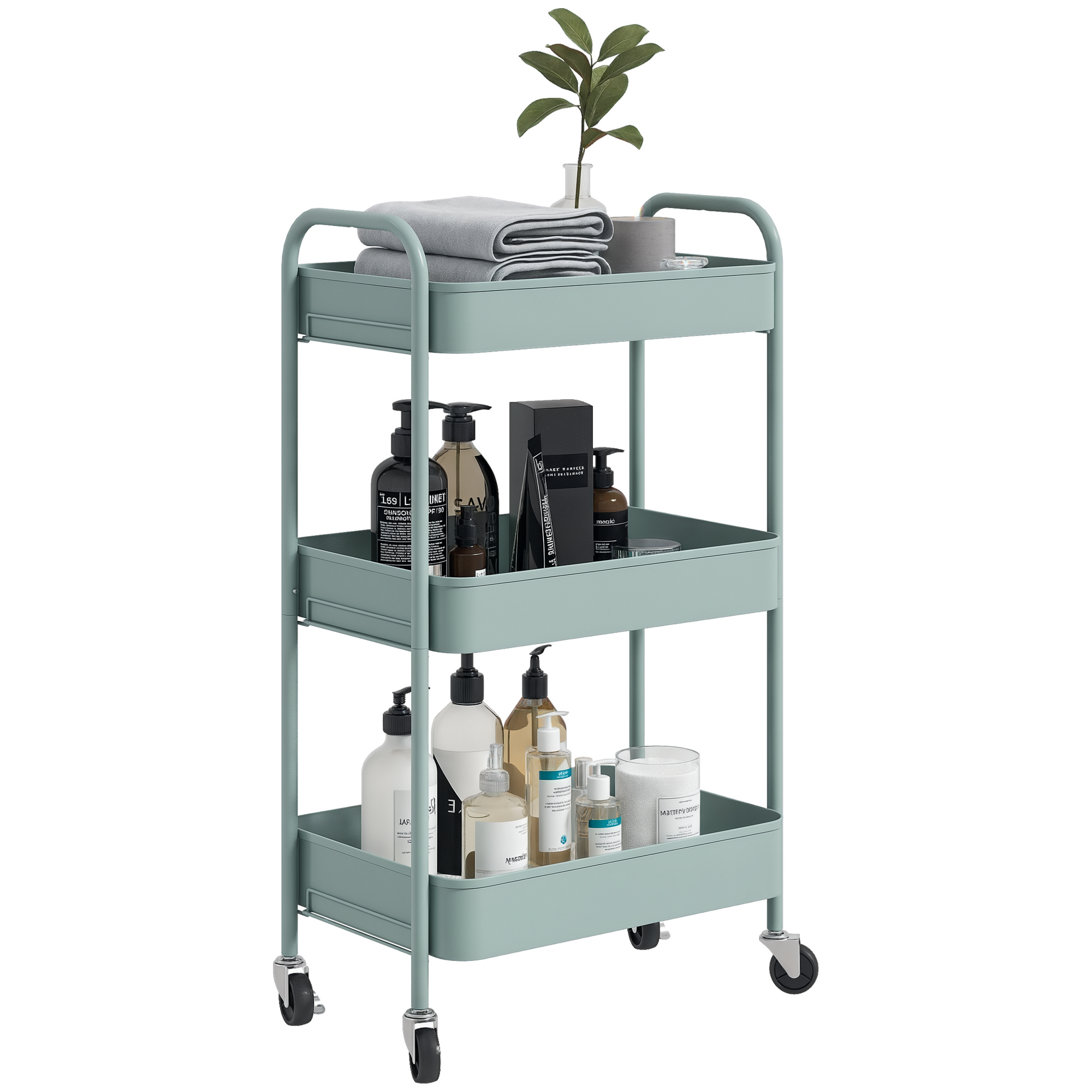 foto del prodotto homcom carrello da cucina a 3 livelli con maniglie e 4 rotelle, in acciaio, 45x30.6x79 cm, azzurro