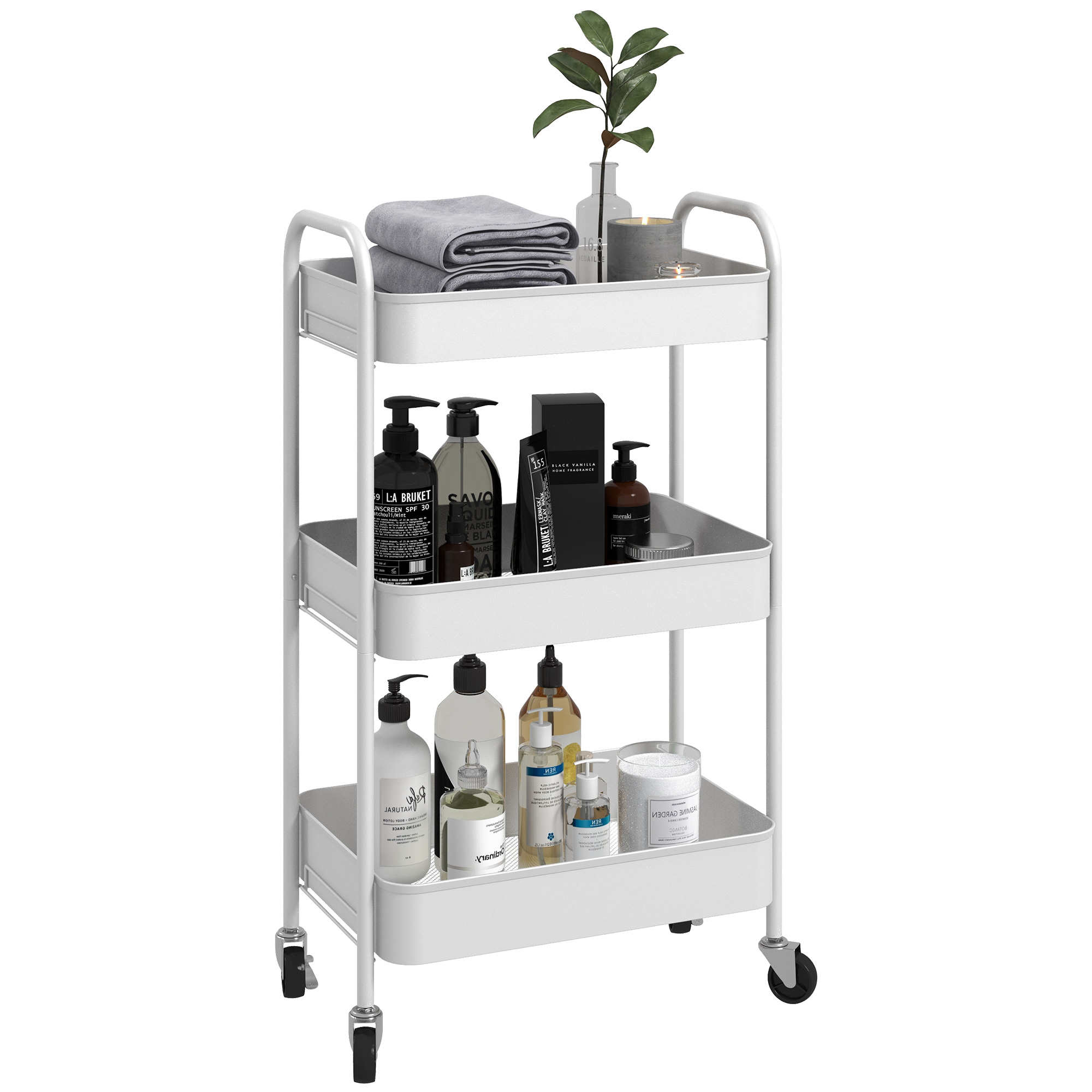 foto del prodotto homcom carrello da cucina a 3 livelli con maniglie e 4 rotelle, in acciaio, 45x30.6x79 cm, bianco aosom