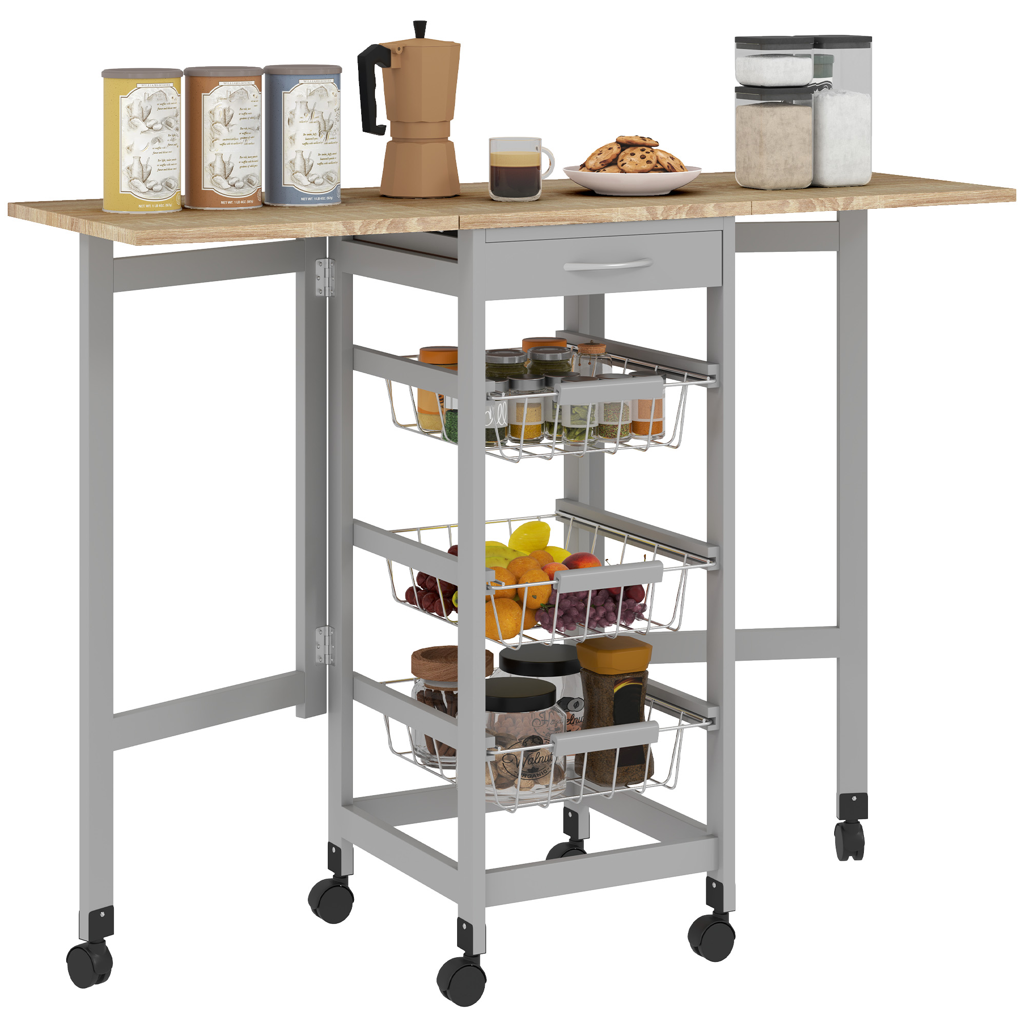 foto del prodotto homcom carrello da cucina con 3 cestini, cassetto e 2 ribalte, in legno e metallo, 37x37x77.5 cm, grigio e rovere aosom italy