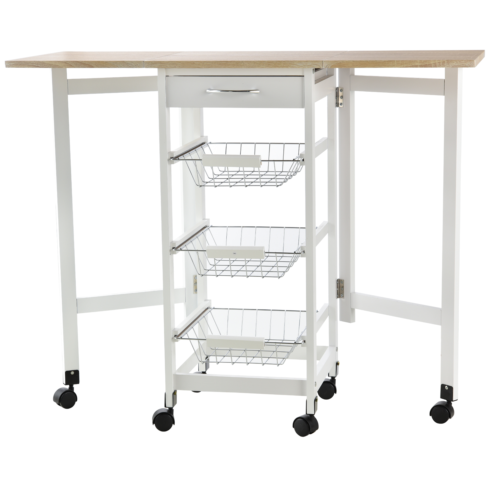 foto del prodotto homcom carrello da cucina con 3 cestini, cassetto e ribalte, 6 ruote girevoli, in mdf e metallo, 37x37x77.5cm, bianco e legno aosom