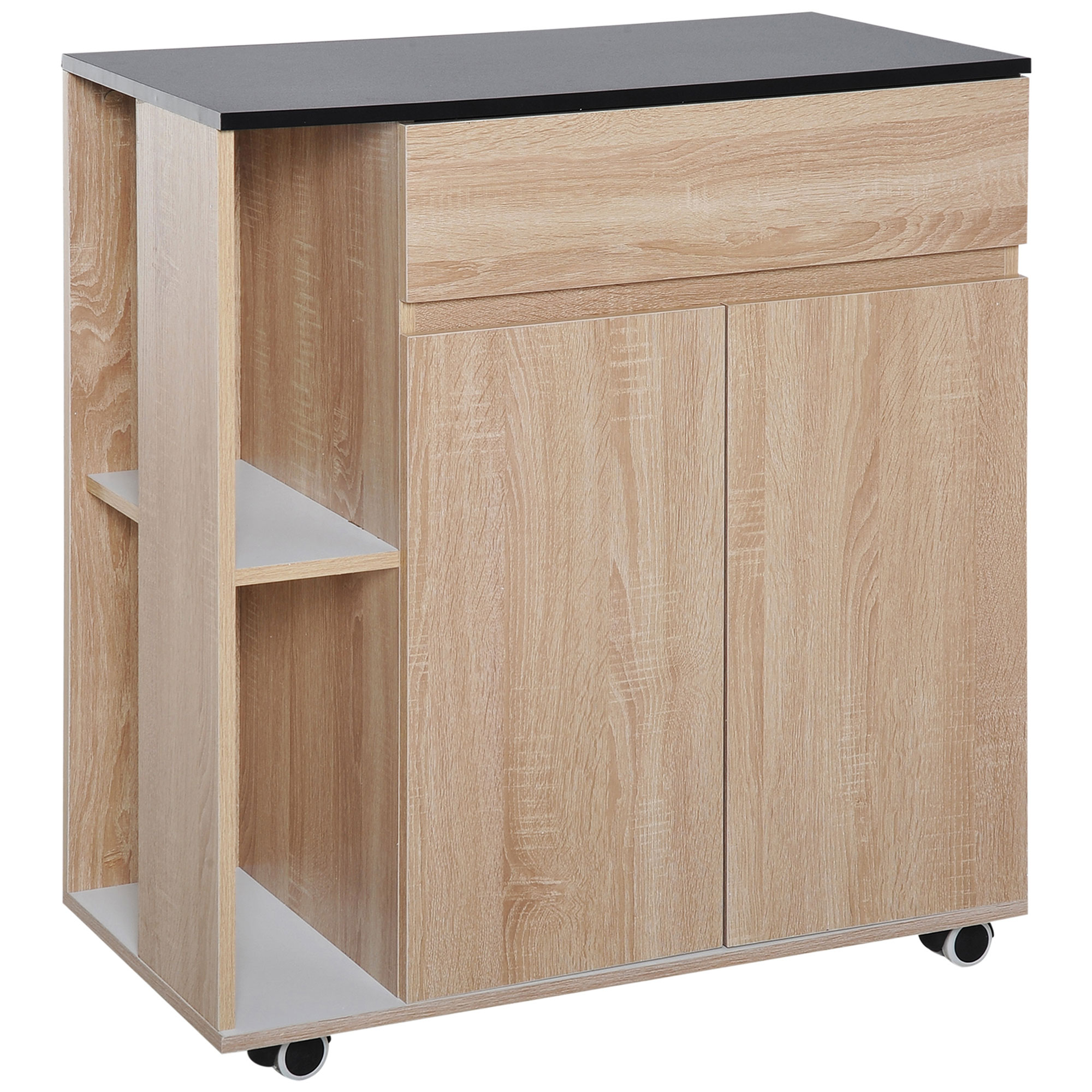 foto del prodotto homcom carrello da cucina con cassetto, armadietto e 2 mensole laterali, mobile cucina con ruote in legno, 78x39.5x88.5cm, rovere e nero aosom italy