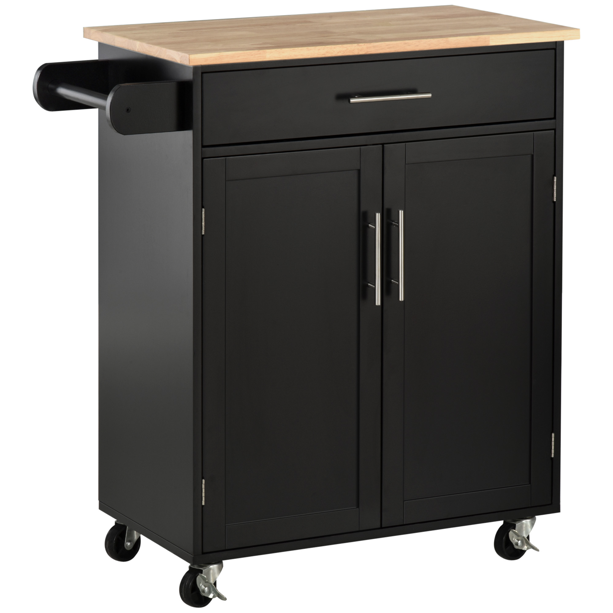 foto del prodotto homcom carrello da cucina con cassetto e armadietto 2 ante, ruote e barra laterale, 83x45x91.5cm, nero aosom