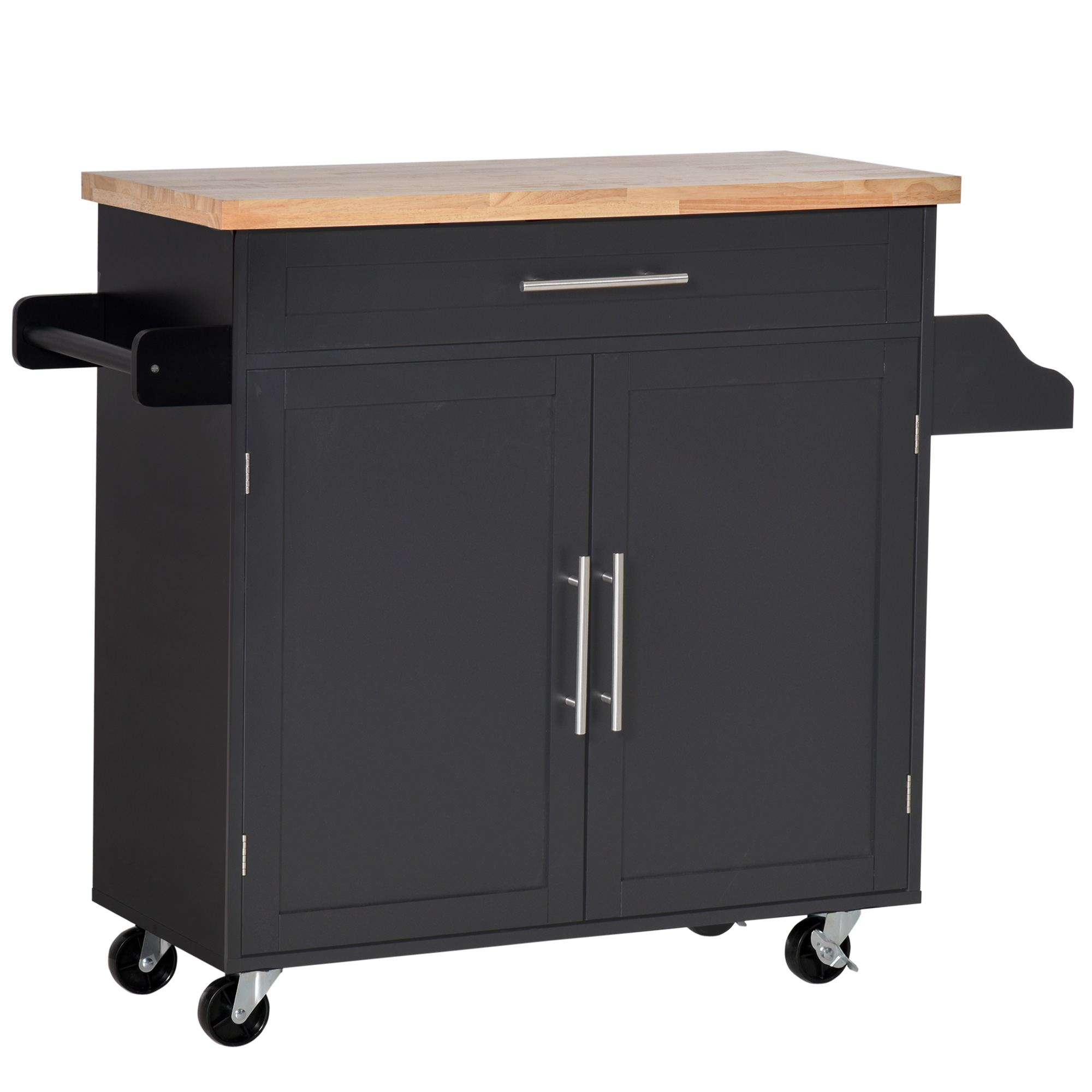 foto del prodotto homcom carrello da cucina con cassetto, portaspezie e armadietto, 4 ruote e piano di lavoro in legno, 109x40x89cm, nero aosom