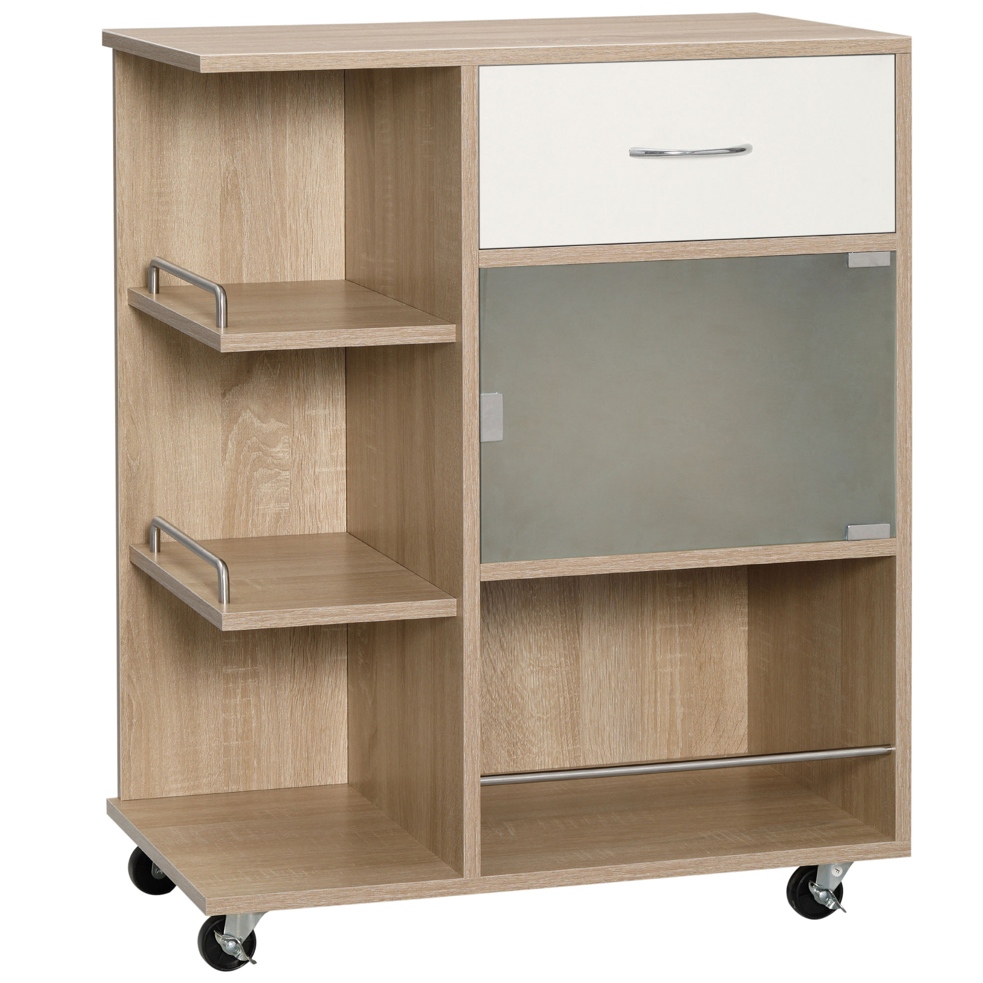 foto del prodotto homcom carrello da cucina portavivande con cassetto, ripiani e armadietto in legno, acciaio e vetro, 65x39x80cm aosom