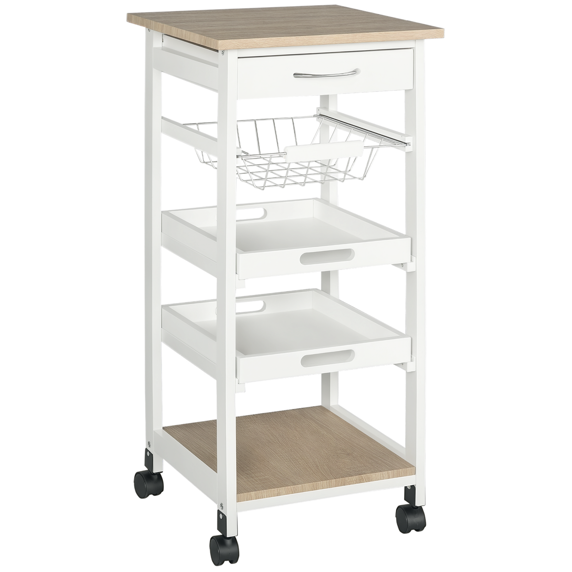 foto del prodotto homcom carrello da cucina salvaspazio in legno mdf bianco 1 cassetto, 1 cestello, 2 vassoi, ripiano e 4 ruote, 37 x 37 x 82cm aosom