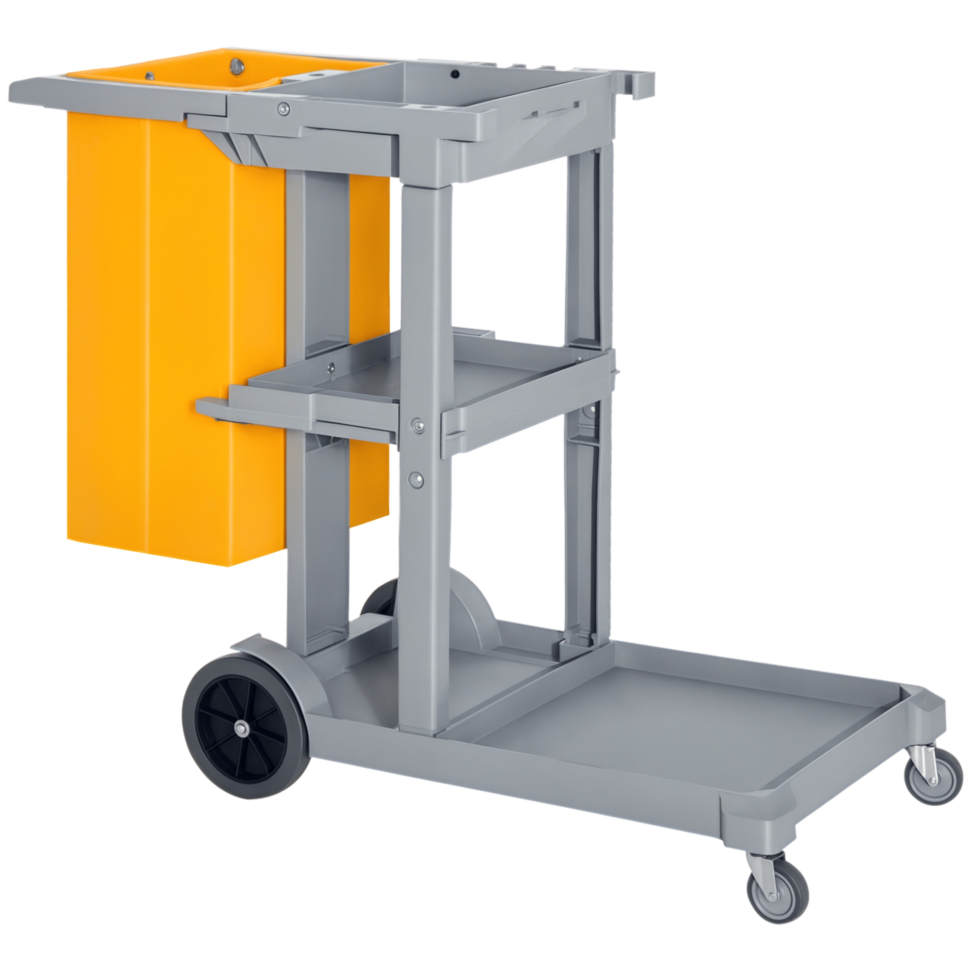 foto del prodotto homcom carrello da pulizia multifunzionale con sacchetto 3 vassoi 1 piattaforma in plastica giallo grigio113 x 50.5 x 96.5cm aosom