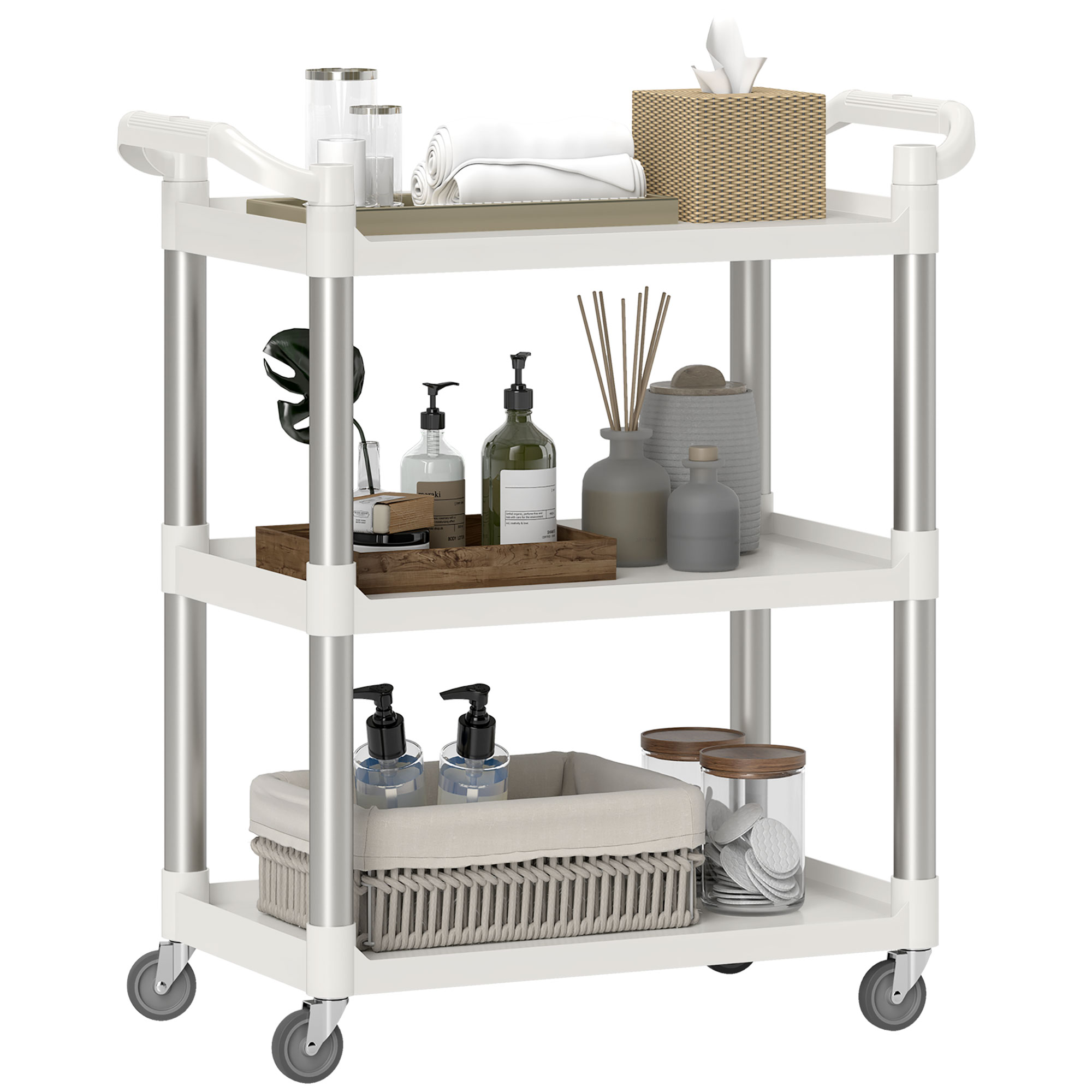 foto del prodotto homcom carrello portavivande a 3 livelli in pp e lega di alluminio, 88x44x93 cm, bianco e argento