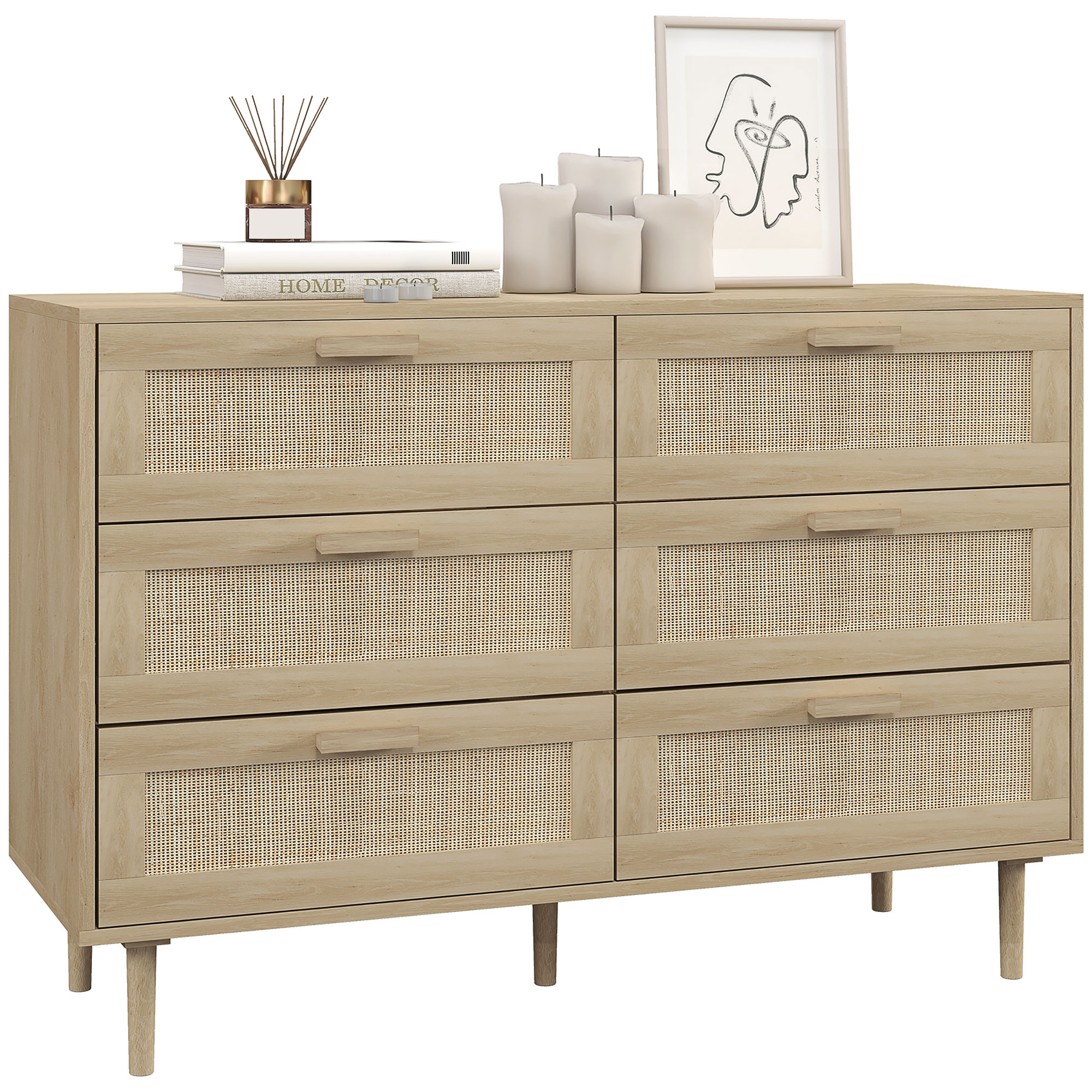 foto del prodotto homcom cassettiera 6 cassetti in rattan con gambe in legno, settimino per soggiorno e camera da letto, 110x40x75 cm, legno naturale aosom italy