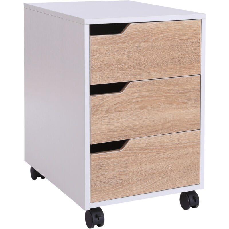 foto del prodotto homcom cassettiera bianca e color legno in mdf 3 cassetti, 4 ruote 40x50x57.5cm