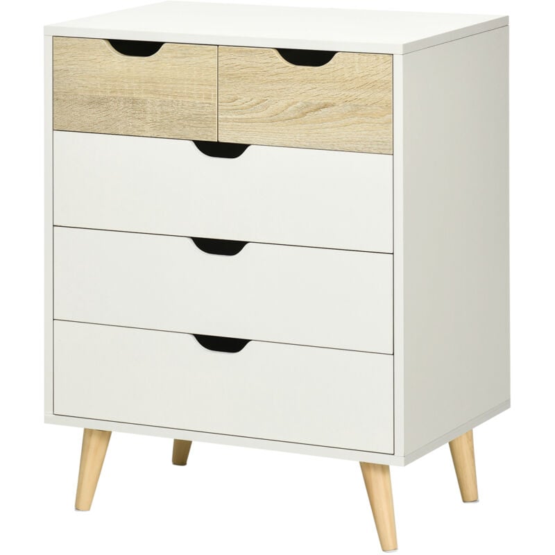 foto del prodotto homcom cassettiera da camera 5 cassetti con maniglie intagliate bianco e legno