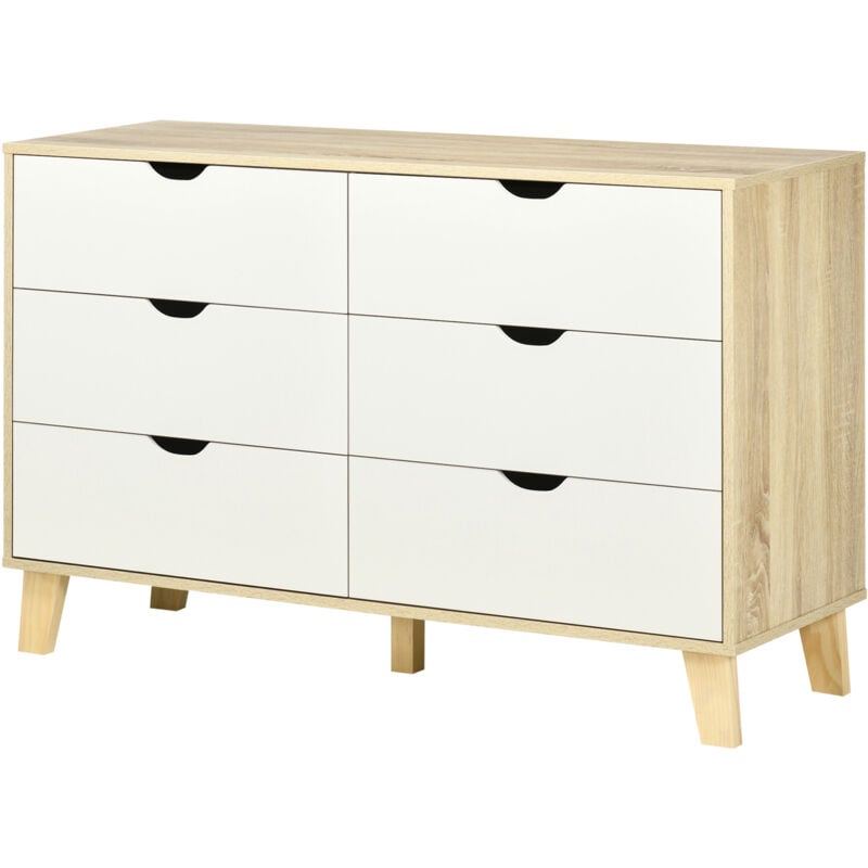foto del prodotto homcom cassettiera in legno di pino a 6 cassetti 120x40x76 cm bianco e rovere