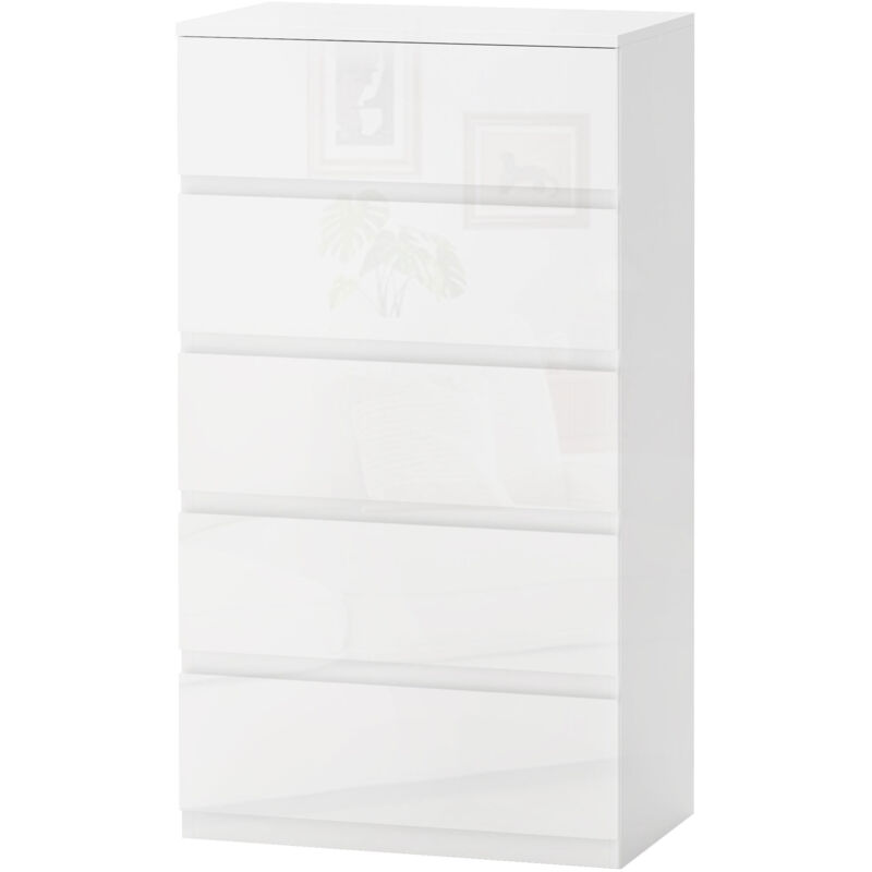 foto del prodotto homcom cassettiera moderna 5 cassetti in truciolato 55x33x100 cm bianco lucido