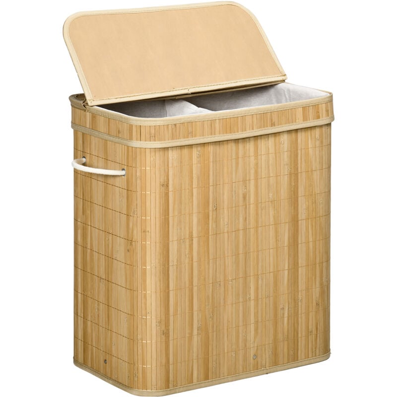 foto del prodotto homcom cesto porta biancheria 90l con coperchio e manici a 2 scomparti in bamb 